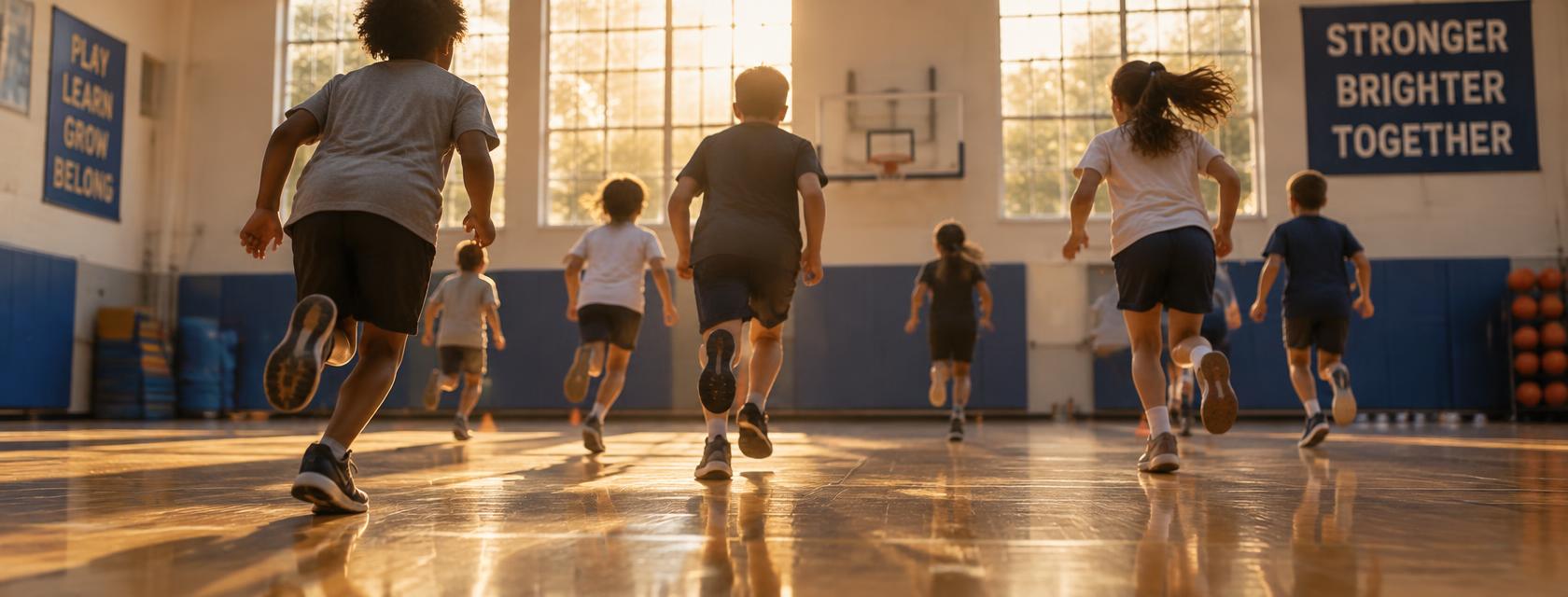 Children running across a school gym floor