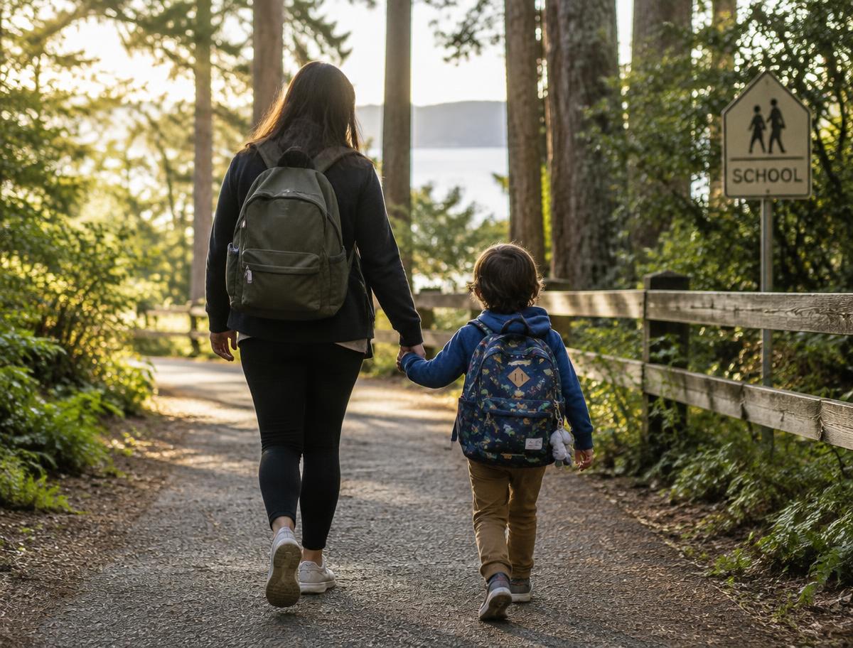 A parent and child walking to school together